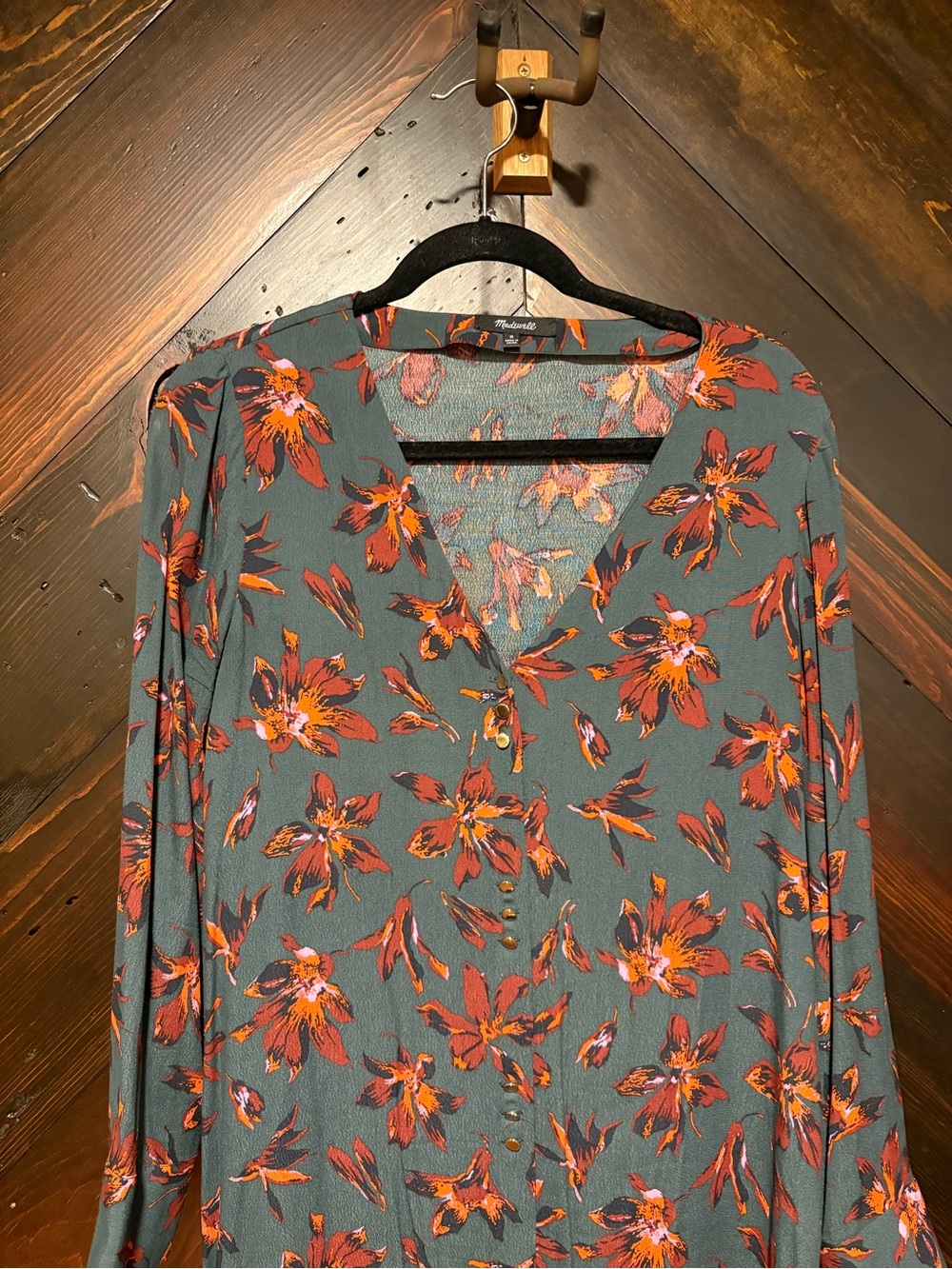 Madewell Teal Floral Long-Sleeve Tunic Dress with Orange Blooms - Picture 3 of 4